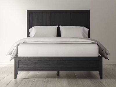 Saatva Cali King Platform Bed- Cologne- Black Oak w/ Wood Panel Headboard- Still in Original Packaging