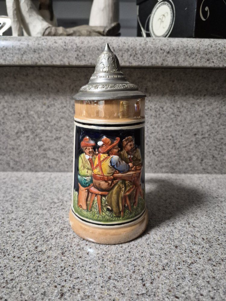 Vintage German Beer Stein with Pewter Lid, Hand-Painted Relief, Wildlife & Tavern Scenes
