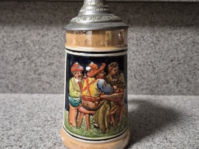 Vintage German Beer Stein with Pewter Lid, Hand-Painted Relief, Wildlife & Tavern Scenes