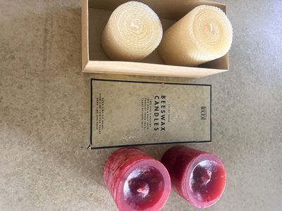 Pottery Barn Beeswax Candles Set and Red Pillar Candles