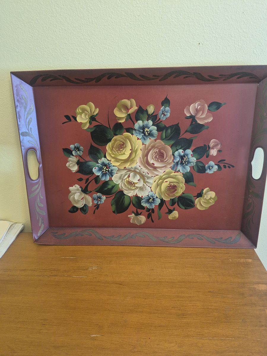 Vintage Toleware Painted Tray, Hand-Painted Floral Design, 75-100 Years Old
