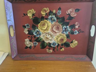 Vintage Toleware Painted Tray, Hand-Painted Floral Design, 75-100 Years Old
