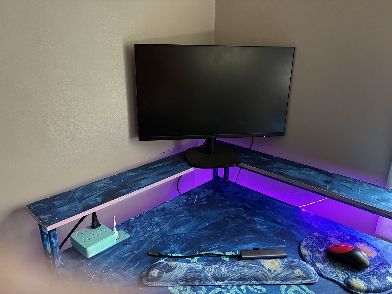 Multi Color Neon Corner Desk, Chair, 22" monitor, Wireless Keyboard/Mouse Together