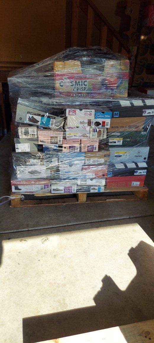 Mixed Pallet of Footwear - New, Used, and Display Shoes from Various Brands like K-Swiss, Skechers, Hurley
