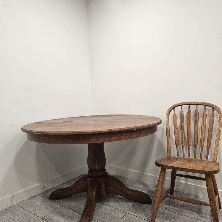 4' solid oak round table and 2 chairs