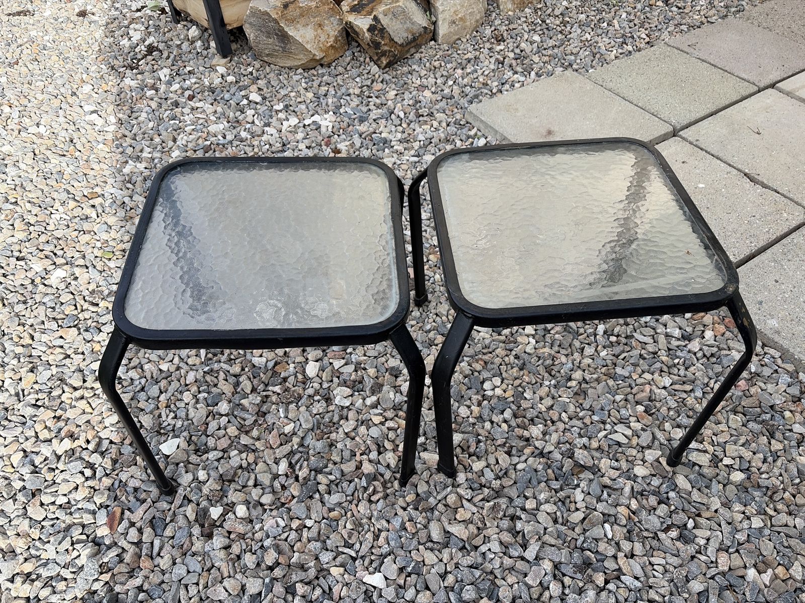 2 patio tables- iron and glass