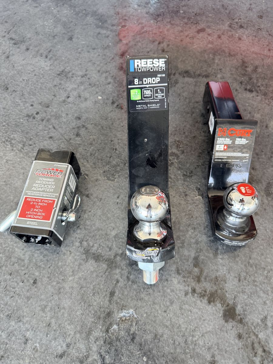 Towing Hitch Lot - Reese 8" Drop, Curt 4" Drop, & 2.5" to 2" Receiver Adapter