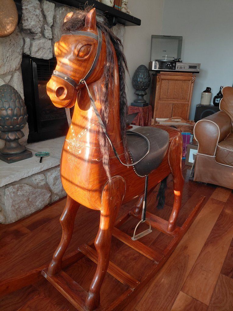 Vintage Hand-Carved Wooden Rocking Horse with Leather Saddle & Stirrups