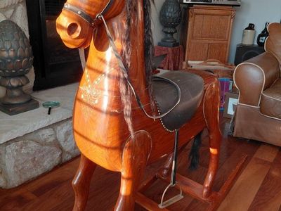 Vintage Hand-Carved Wooden Rocking Horse with Leather Saddle & Stirrups