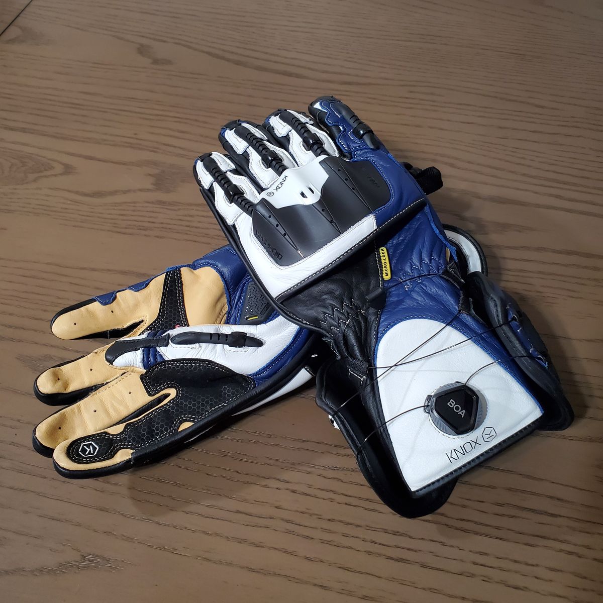 Knox Handroid Mk4 Full Gauntlet Leather Motorcycle Gloves (Blue) - Ridden Once, Like New