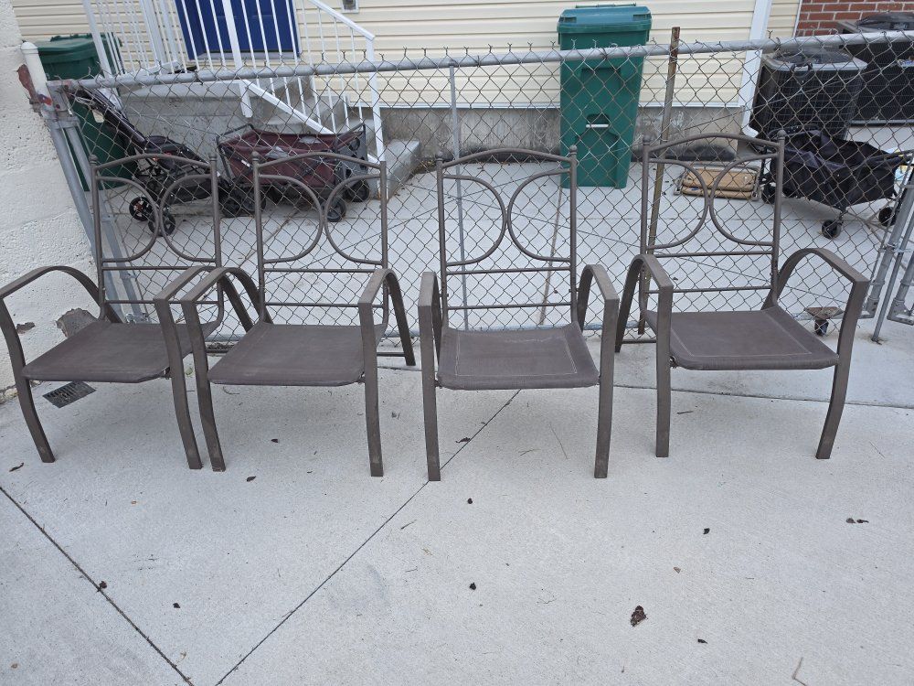 Set of 4 Brown Metal Outdoor Patio Dining Chairs ready for cushions