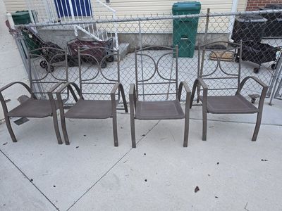 Set of 4 Brown Metal Outdoor Patio Dining Chairs ready for cushions