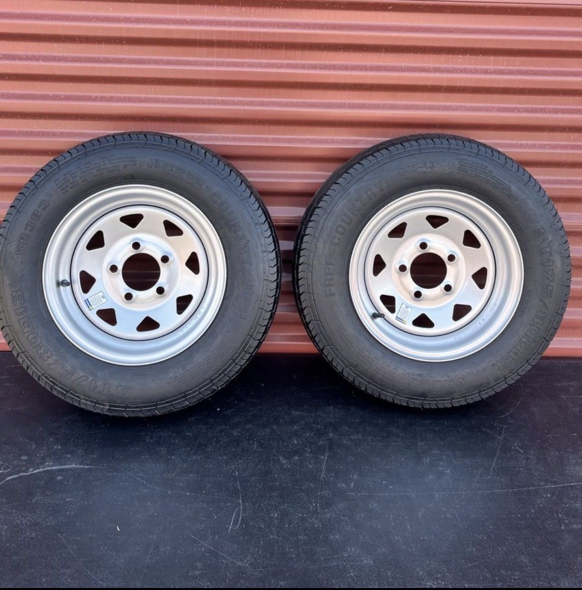 Set of 2 Free Country ST 175/80 D 13 Trailer Tires Mounted on New Silver Mod Wheels  5 on 4.5 Pattern Brand New