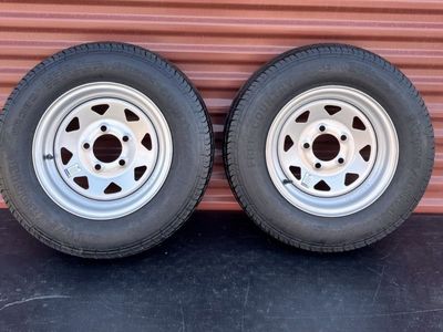 Set of 2 Free Country ST 175/80 D 13 Trailer Tires Mounted on New Silver Mod Wheels 5 on 4.5 Pattern Brand New