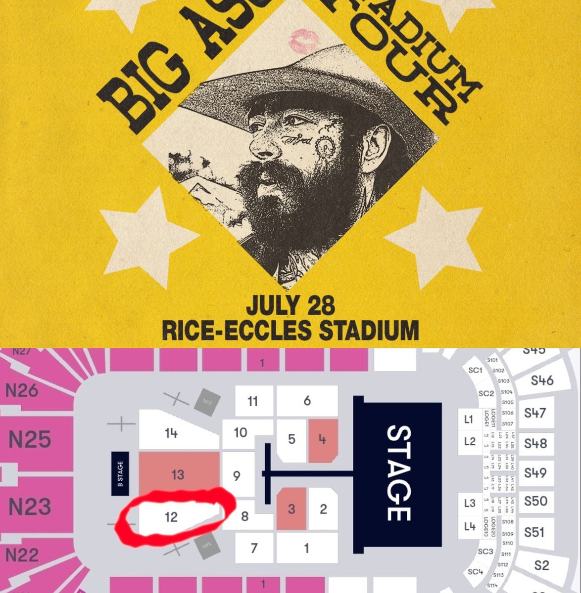 2 POST MALONE - FLR12 - Aisle seats! 1 and 2.  Row 20