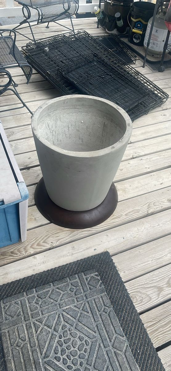 Large Round Gray Concrete Planter with Wood Base - Used Garden Pot