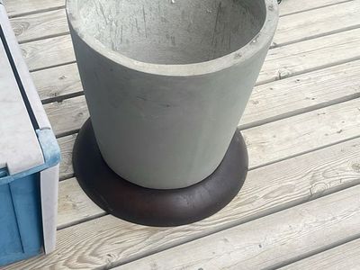 Large Round Gray Concrete Planter with Wood Base - Used Garden Pot