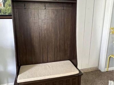 Dark Wood Hall Tree Bench with Storage and Hooks, Espresso Finish, White Cushion