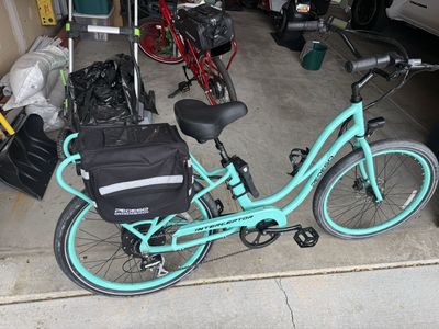 Pedego Interceptor Electric Bike in Sea-foam Teal with Rear Bag