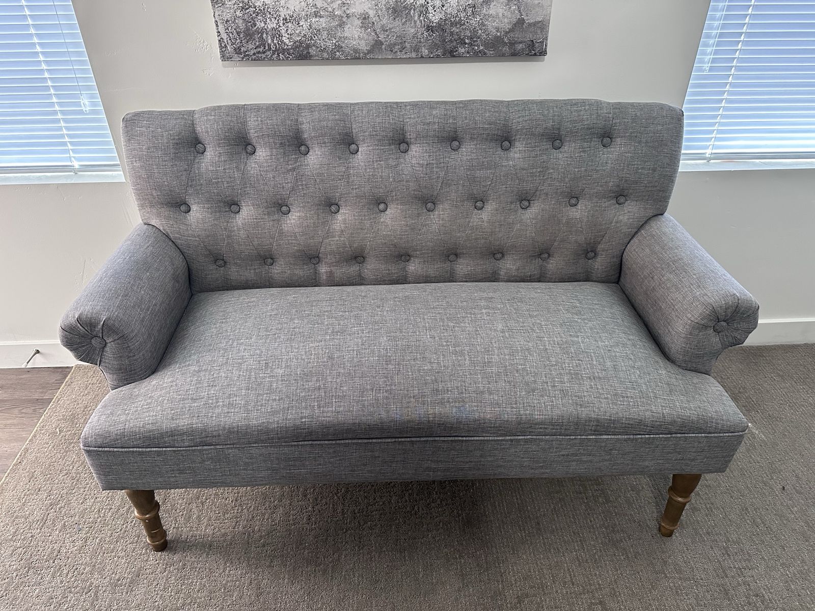 Gray Tufted Loveseat Settee Sofa with Wood Legs - 2 Seater Couch