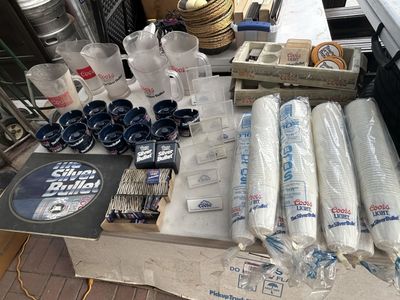 Lot of Coors "Silver Bullet" Beer Barware, Coasters, Pitchers, Table Tent Holders, Paper Cups & Ashtrays