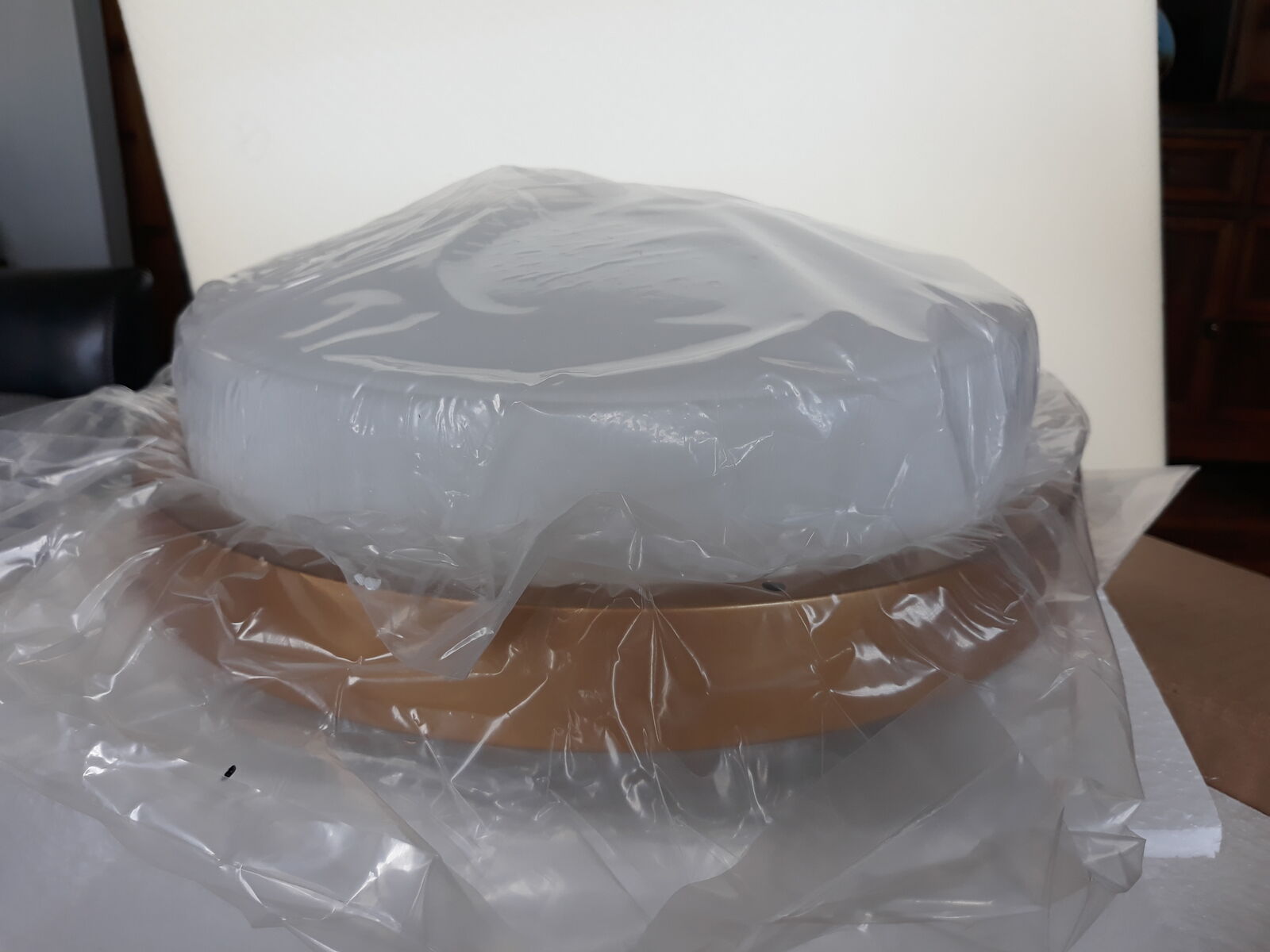 NIB gold flush mount ceiling light with white glass