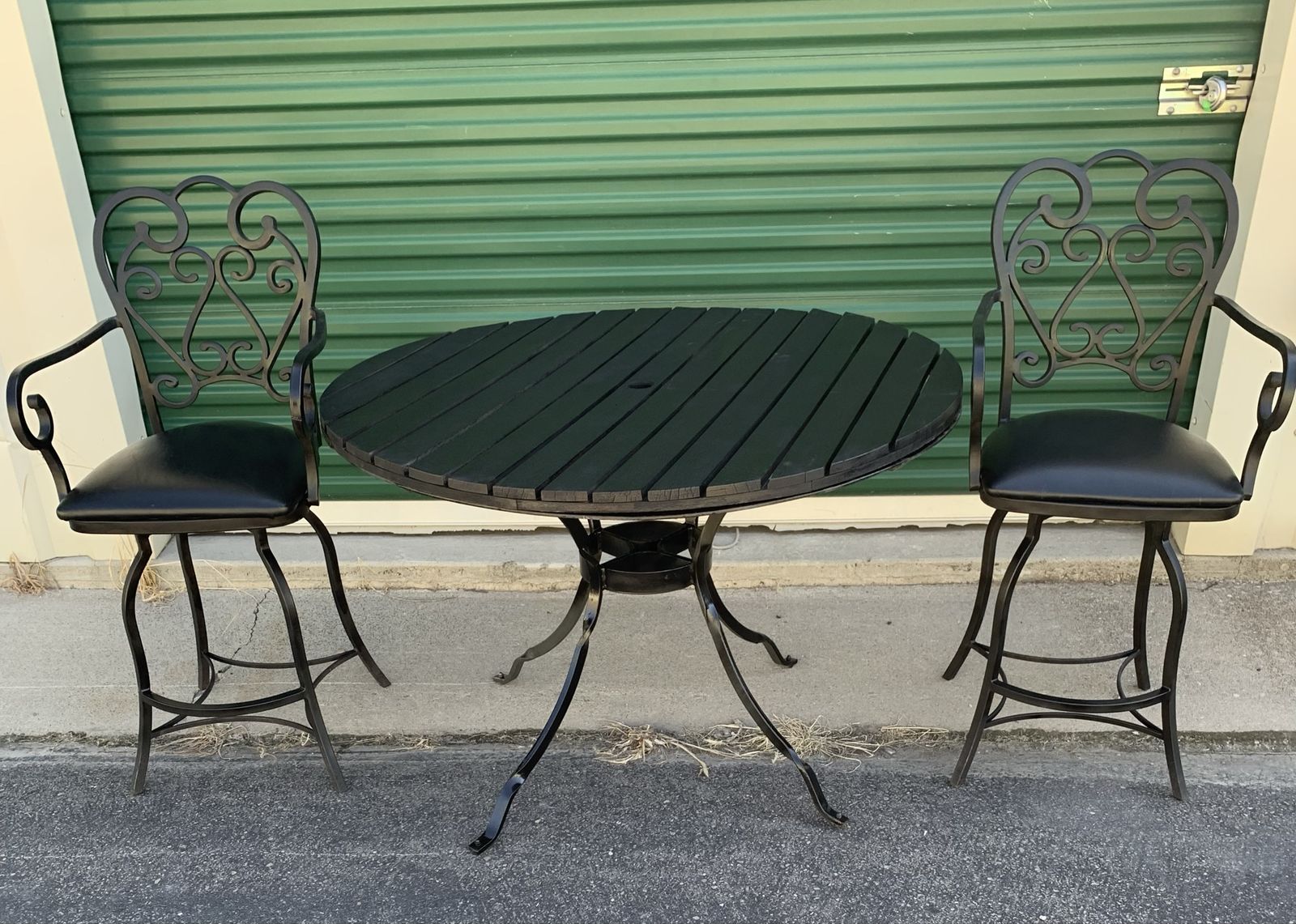 Ornate Black Wrought Iron Patio Table & 2 Swivel Stools Set - Indoor/Outdoor Dining