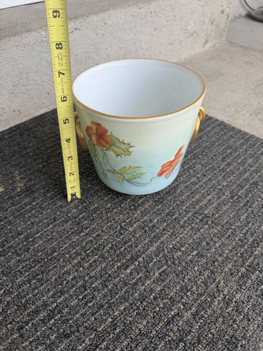 Vintage Hand-Painted Floral Ceramic Planter Pot with Gold Trim and Handles