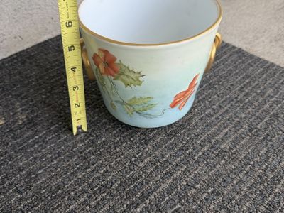 Vintage Hand-Painted Floral Ceramic Planter Pot with Gold Trim and Handles