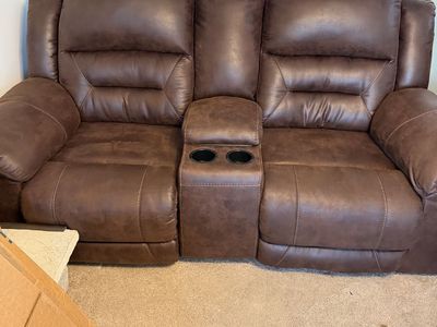 Brown Reclining Loveseat with Console and Cupholders - Hood Condition