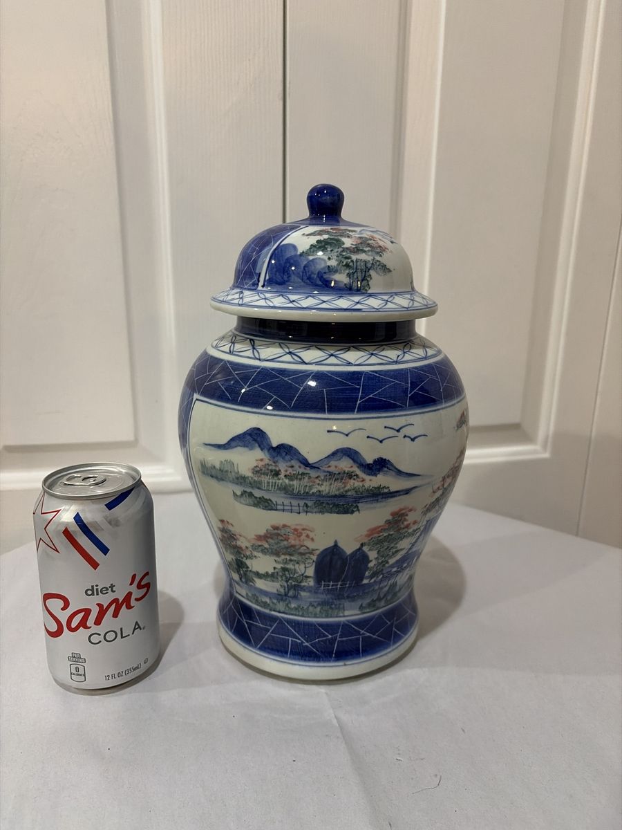 Vintage Blue and White Porcelain Ginger Jar with Lid Hand Painted Landscape