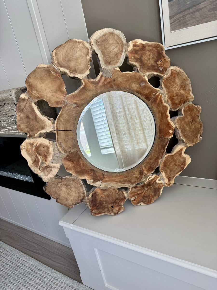 Rustic Natural Teak Wood Round Wall Mirror