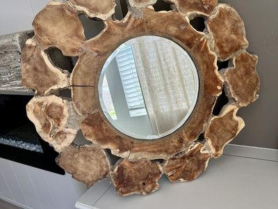 Rustic Natural Teak Wood Round Wall Mirror