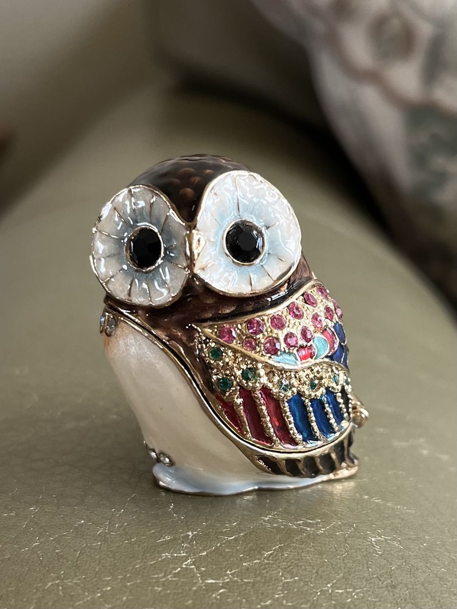 Vintage Decorative Enamel Rhinestone Owl Hinged Trinket Box Figurine