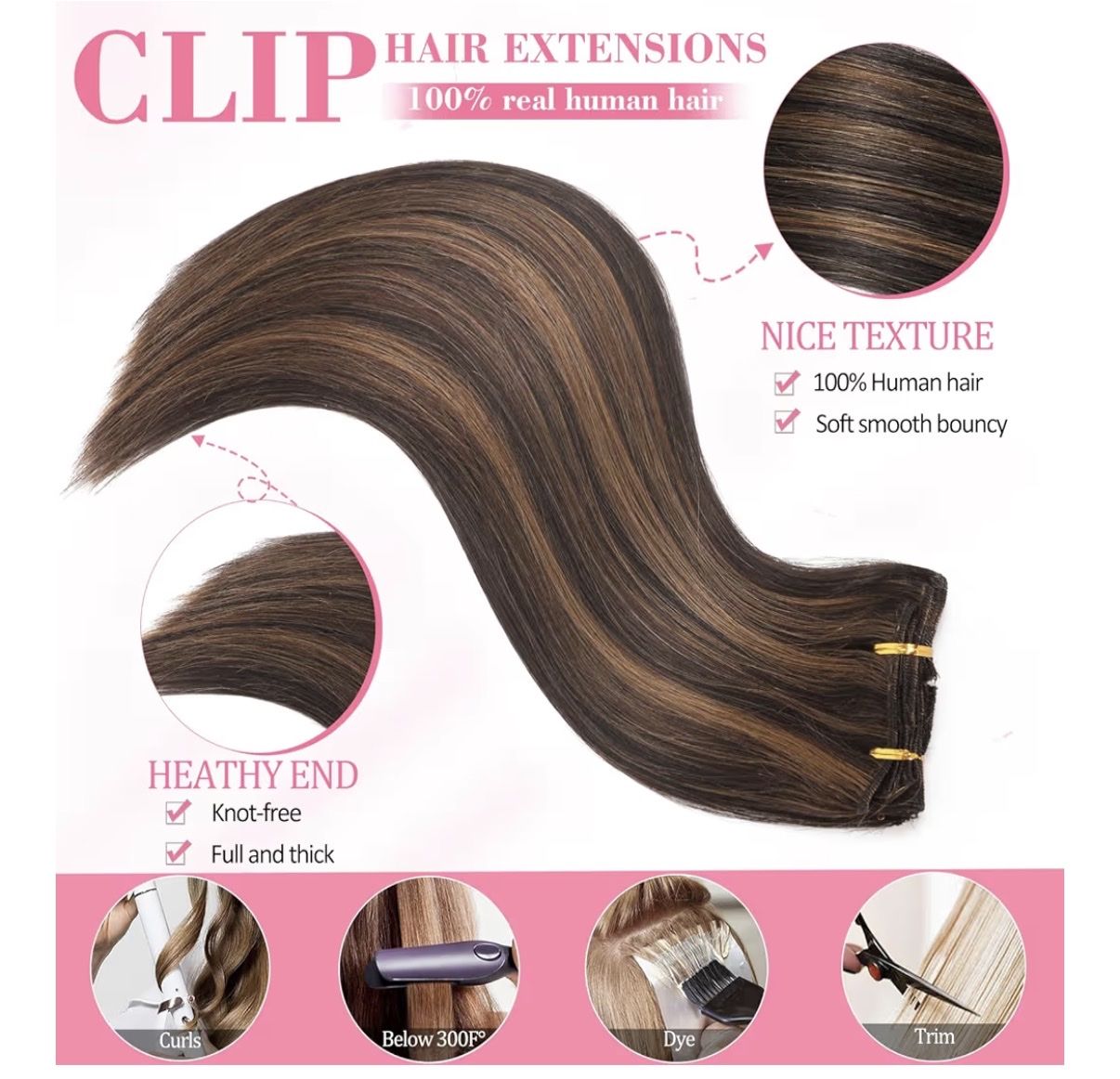 GAOYIFU 100% Real Human Hair Clip In Hair Extensions 8 Pcs 18 Clips Brown Highlights