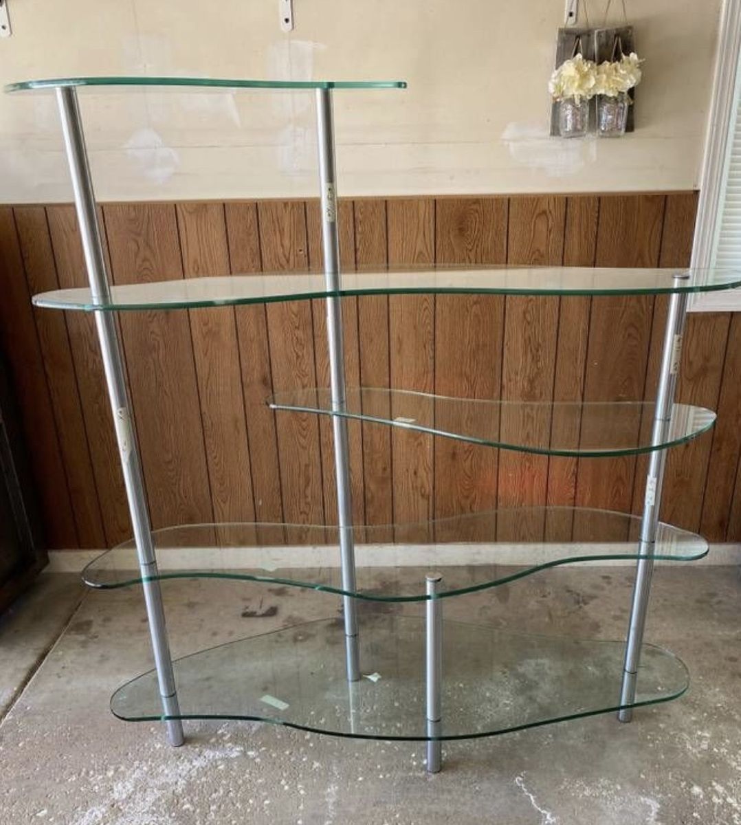 Vintage Tiered Glass and steel shelving unit.