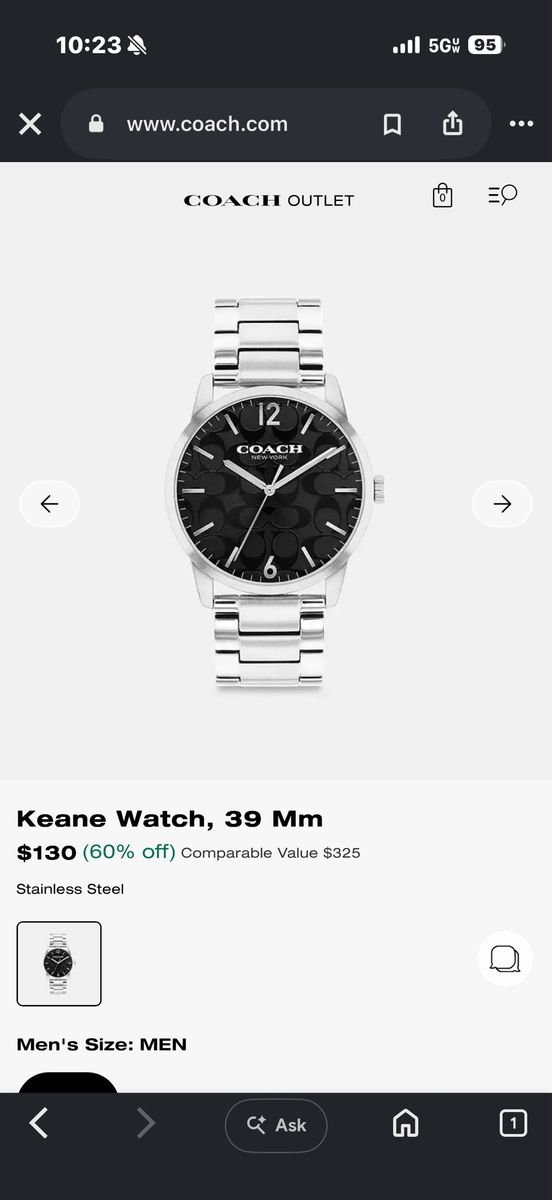Coach Keane Watch 39mm Stainless Steel Black Signature Dial