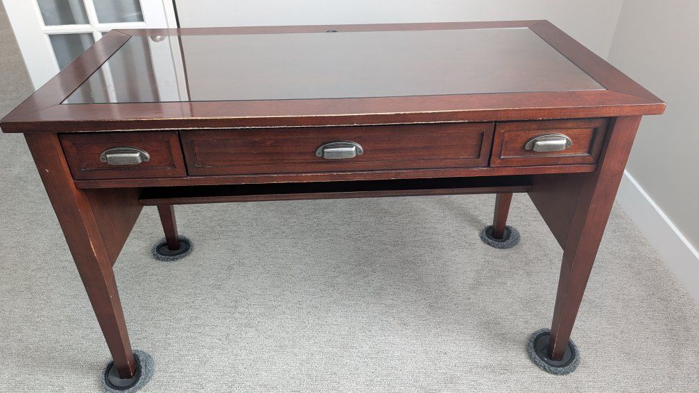 Wood Desk with Glass Top, 3 Drawers, Pull-out Keyboard Tray - Dark Cherry Finish