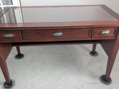 Wood Desk with Glass Top, 3 Drawers, Pull-out Keyboard Tray - Dark Cherry Finish
