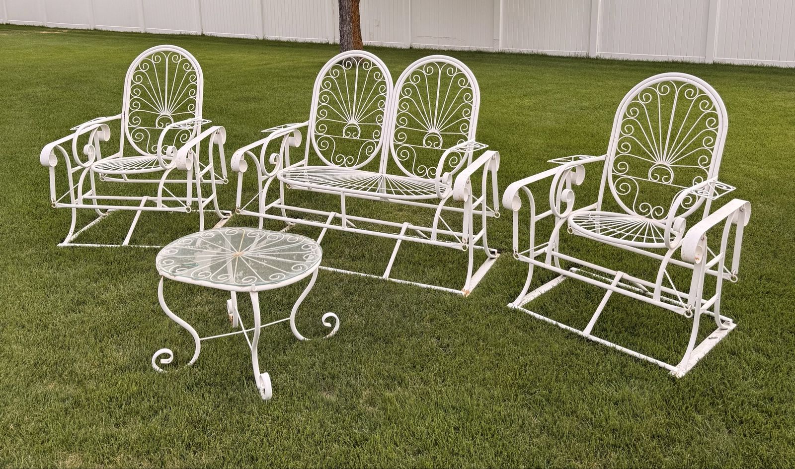 Vintage White Wrought Iron Patio Set - Glider Loveseat, 2 Glider Chairs & Coffee Table