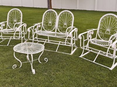 Vintage White Wrought Iron Patio Set - Glider Loveseat, 2 Glider Chairs & Coffee Table