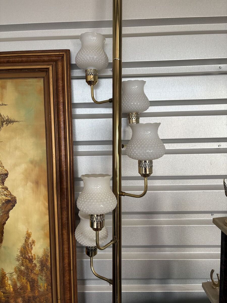 Vintage Mid Century Tension Pole Lamp, floor to ceiling, milk glass