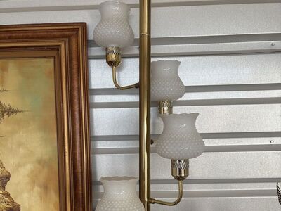 Vintage Mid Century Tension Pole Lamp, floor to ceiling, milk glass