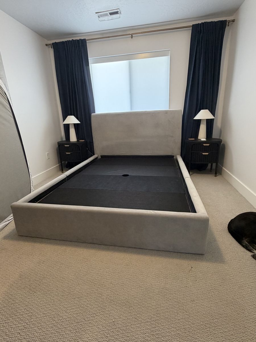 West Elm Light Grey Queen Velvet Storage Bed Frame