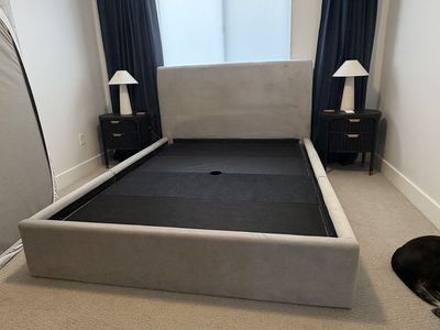 West Elm Light Grey Queen Velvet Storage Bed Frame