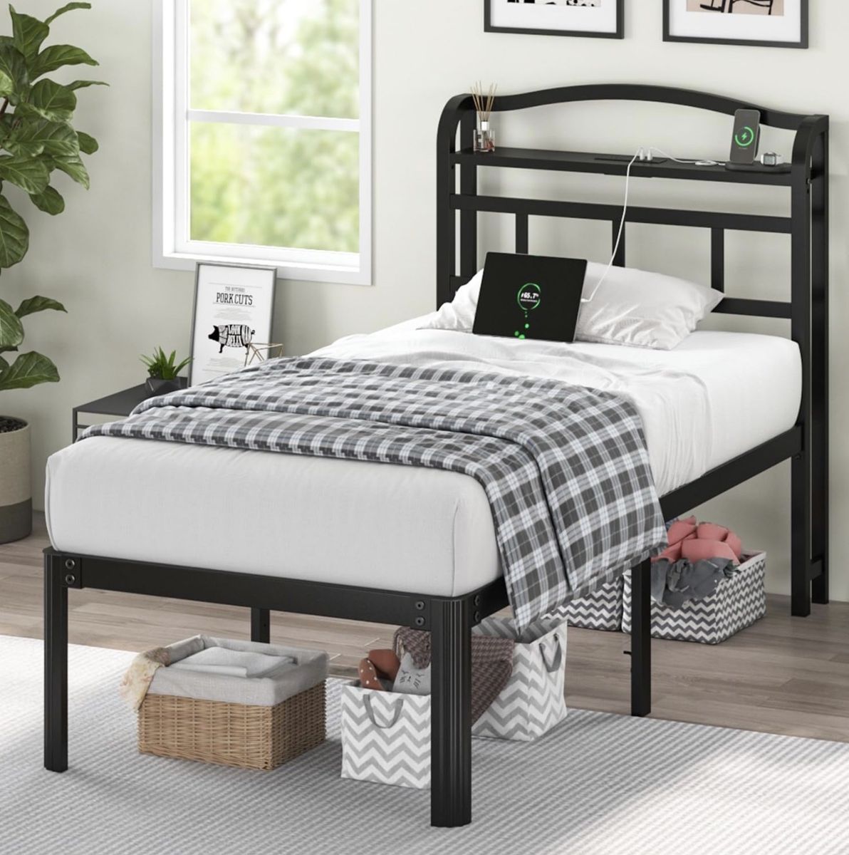 Black Twin Platform Bed Frame w/ Charging Station & Storage headboard