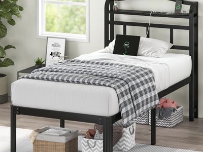 Black Twin Platform Bed Frame w/ Charging Station & Storage headboard