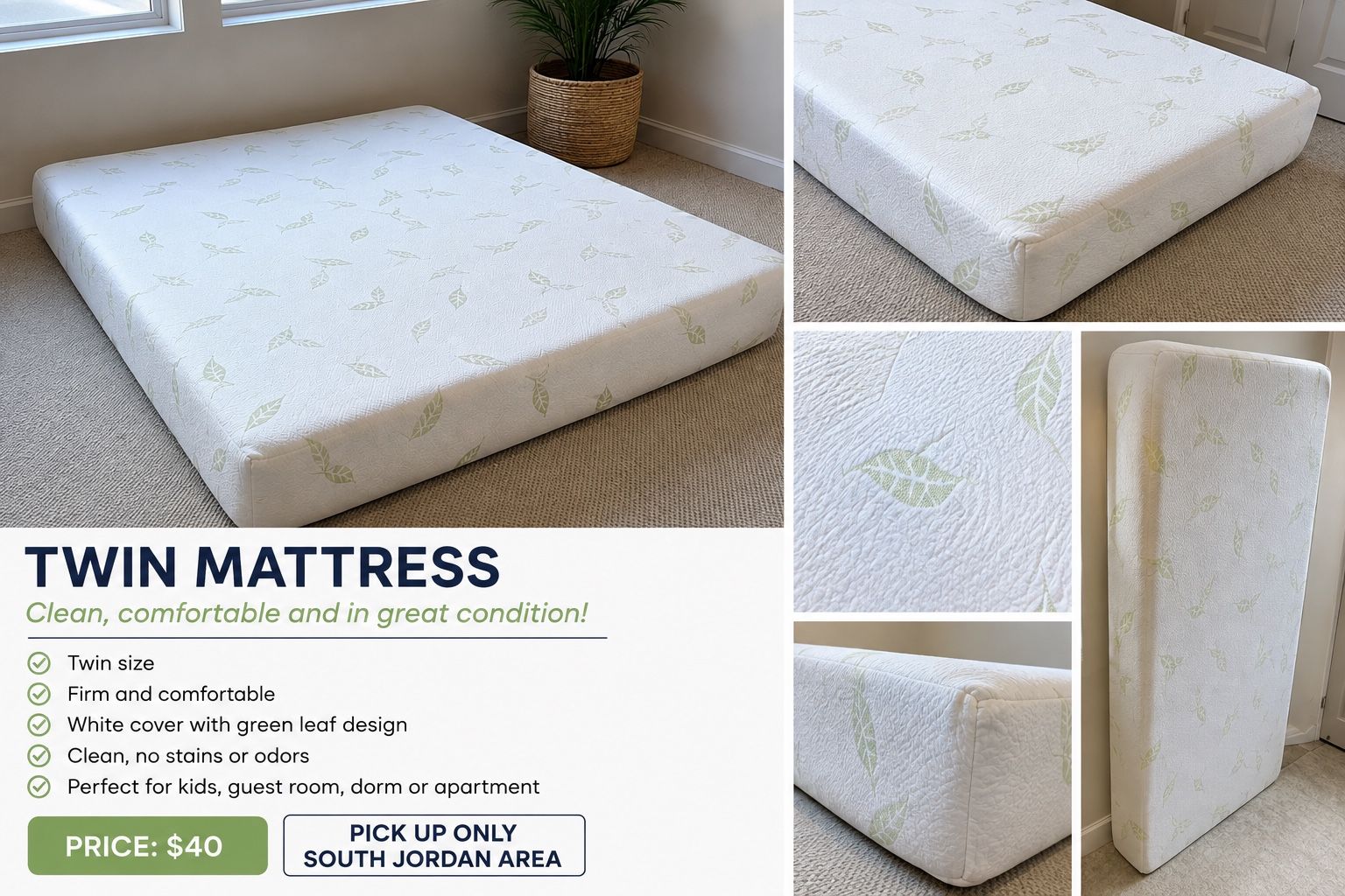 Twin Size Memory Foam Mattress - White Cover with Green Leaf Pattern