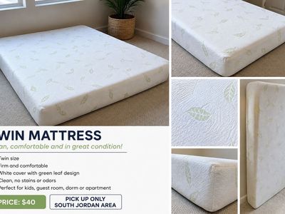 Twin Size Memory Foam Mattress - White Cover with Green Leaf Pattern