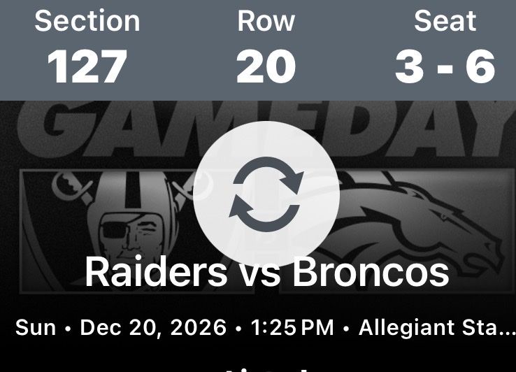 Las Vegas Raiders vs Denver Broncos NFL Tickets - Dec 20, 2026 - Allegiant Stadium 4 great lower bowl Seats $399